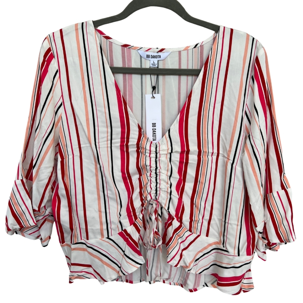 BB Dakota Blouse Large Ivory Red Striped Ruched Ruffle Drawstring 3/4 Sleeve